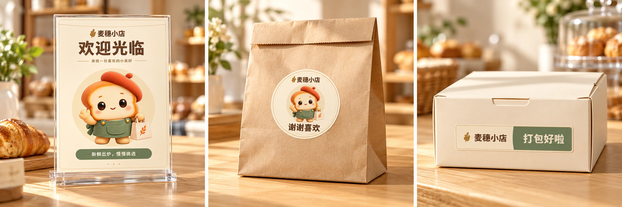 麦穗欢迎牌放入透明台卡架、圆贴贴在纸袋上、横条贴贴在点心盒上的应用效果示意